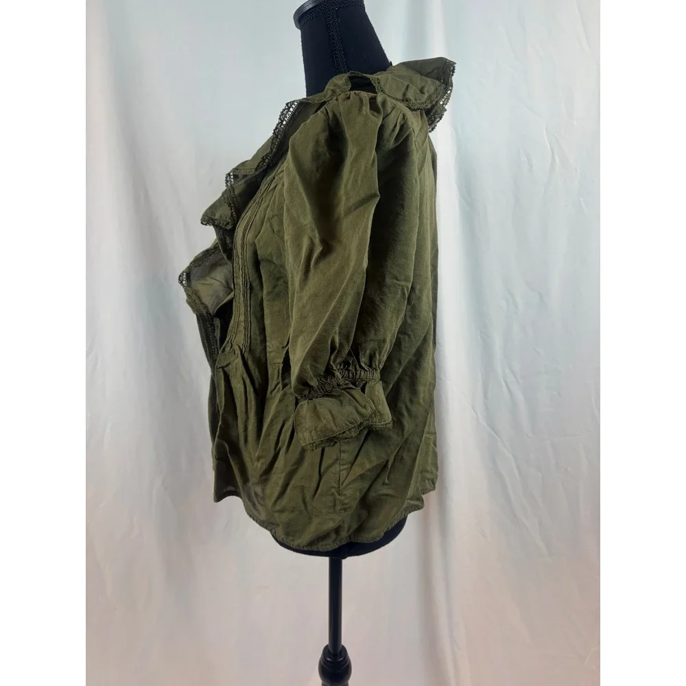 Olive Green Victorian Ruffle Lace Trim Puff Sleeve Pintuck Blouse Top Size XL - Picture 2 of 8